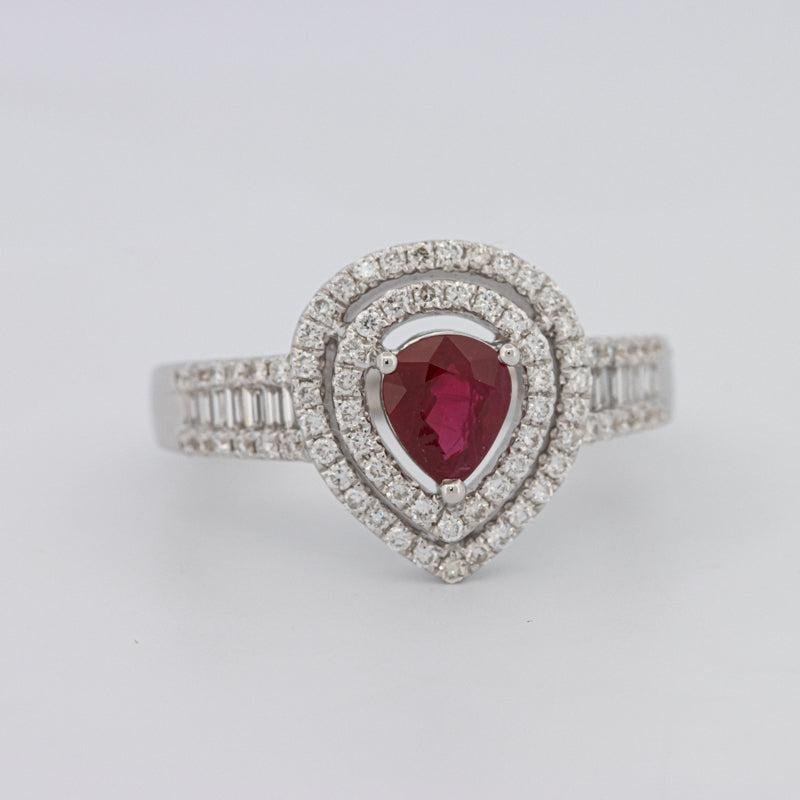 0.85 CT Pearshape Red Ruby Double Halo Ring - ZIZOV DIAMONDS