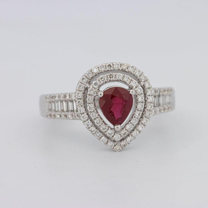0.85 CT Pearshape Red Ruby Double Halo Ring - ZIZOV DIAMONDS