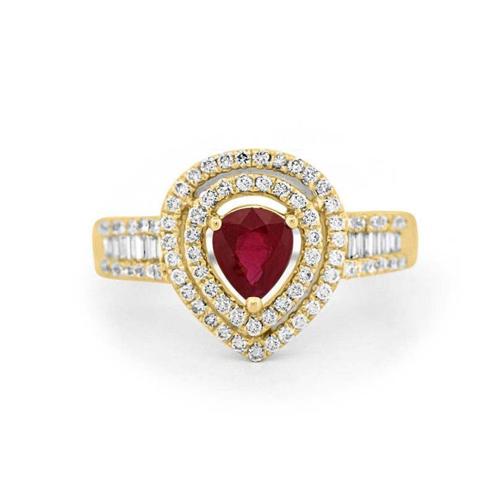 0.85 CT Pearshape Red Ruby Double Halo Ring - ZIZOV DIAMONDS