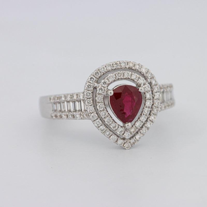0.85 CT Pearshape Red Ruby Double Halo Ring - ZIZOV DIAMONDS