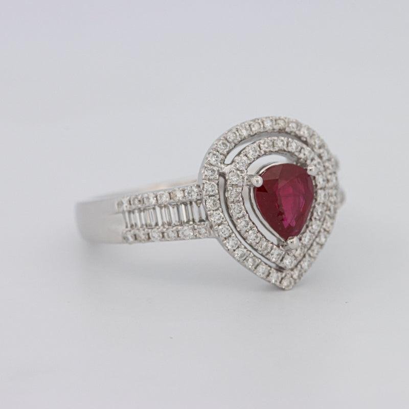 0.85 CT Pearshape Red Ruby Double Halo Ring - ZIZOV DIAMONDS