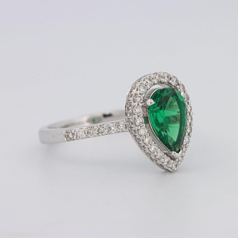 1.10 CT Pearshape Halo Green Emerald Ring - ZIZOV DIAMONDS