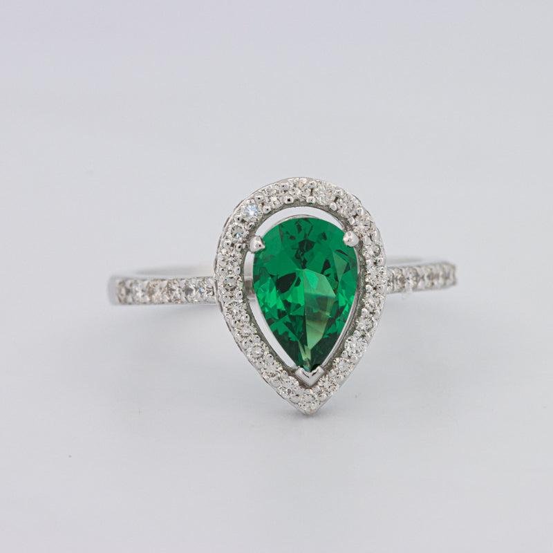 1.10 CT Pearshape Halo Green Emerald Ring - ZIZOV DIAMONDS