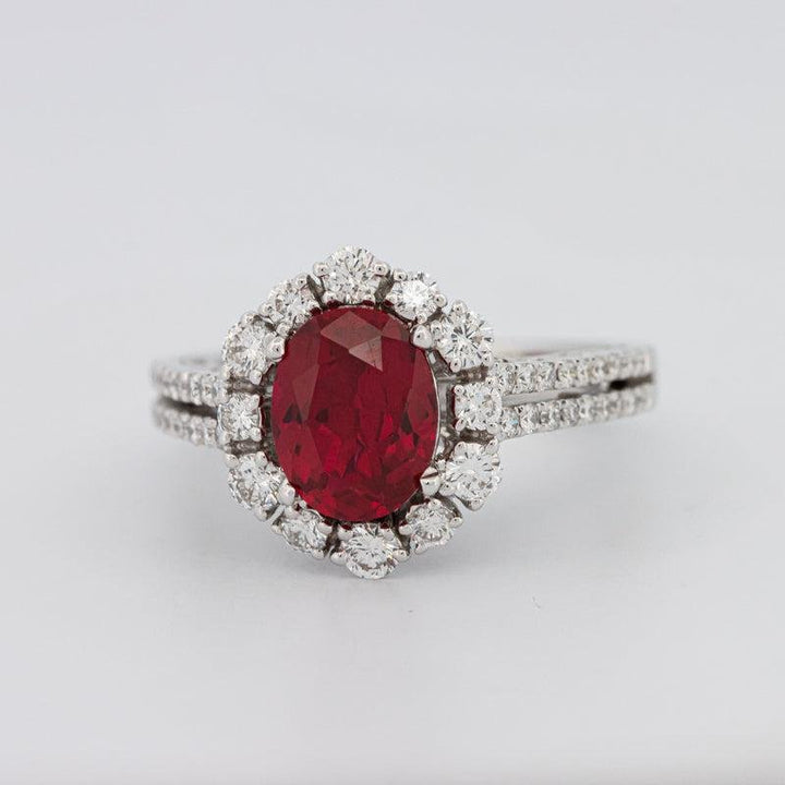 1.30 CT Oval Red Ruby Halo Ring - ZIZOV DIAMONDS