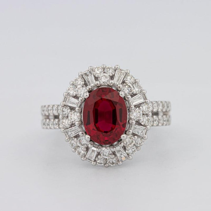 1.30 CT Oval Red Ruby Halo Ring - ZIZOV DIAMONDS