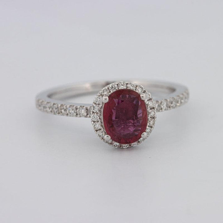 1.30 CT Oval Red Ruby Halo Ring - ZIZOV DIAMONDS