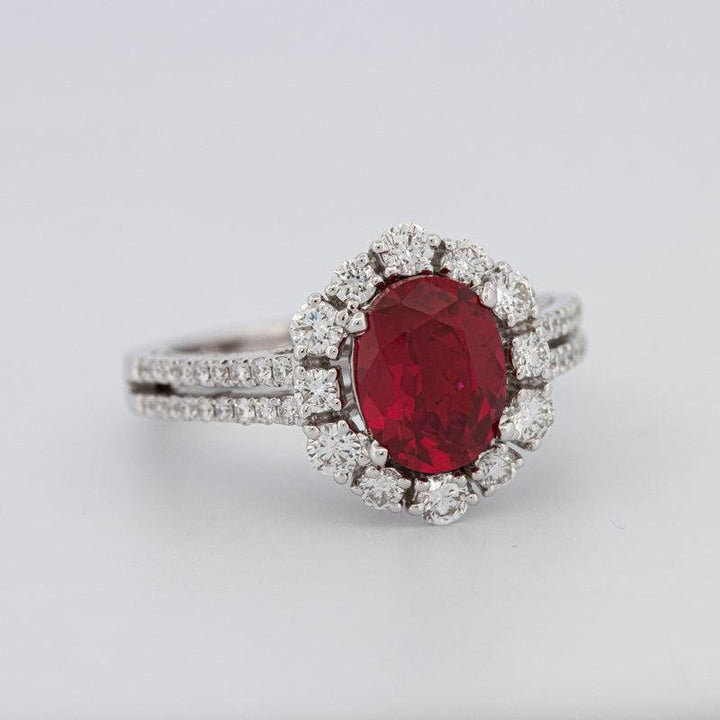 1.30 CT Oval Red Ruby Halo Ring - ZIZOV DIAMONDS