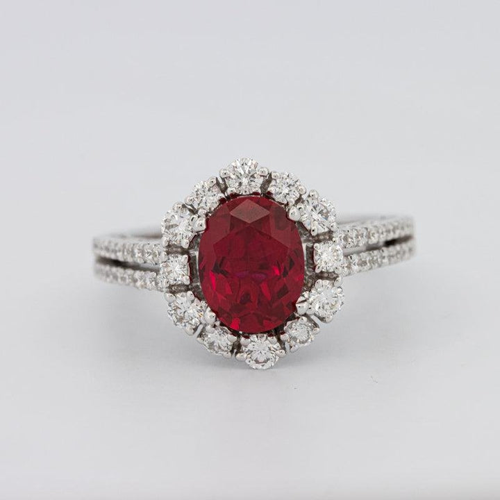 1.30 CT Oval Red Ruby Halo Ring - ZIZOV DIAMONDS