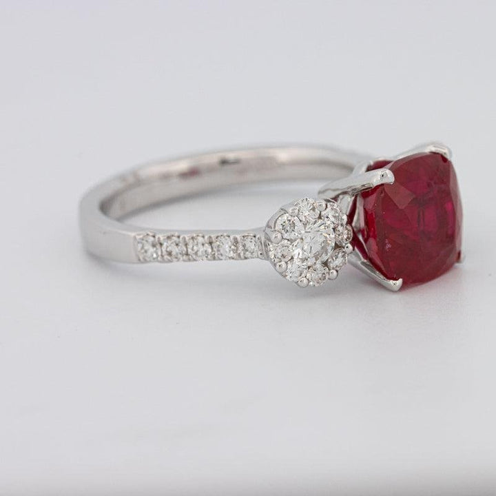 3.50 CT Cushion Cut Red Ruby Trilogy Ring - ZIZOV DIAMONDS