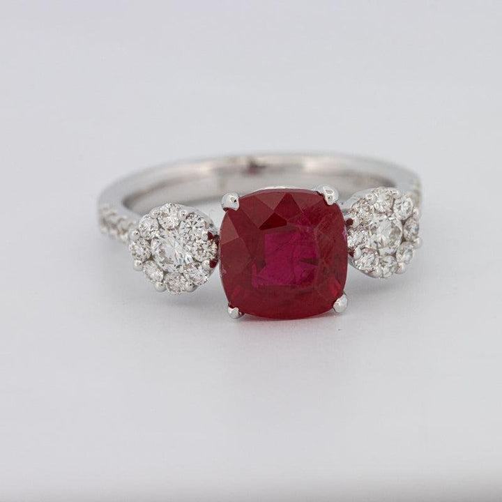 3.50 CT Cushion Cut Red Ruby Trilogy Ring - ZIZOV DIAMONDS