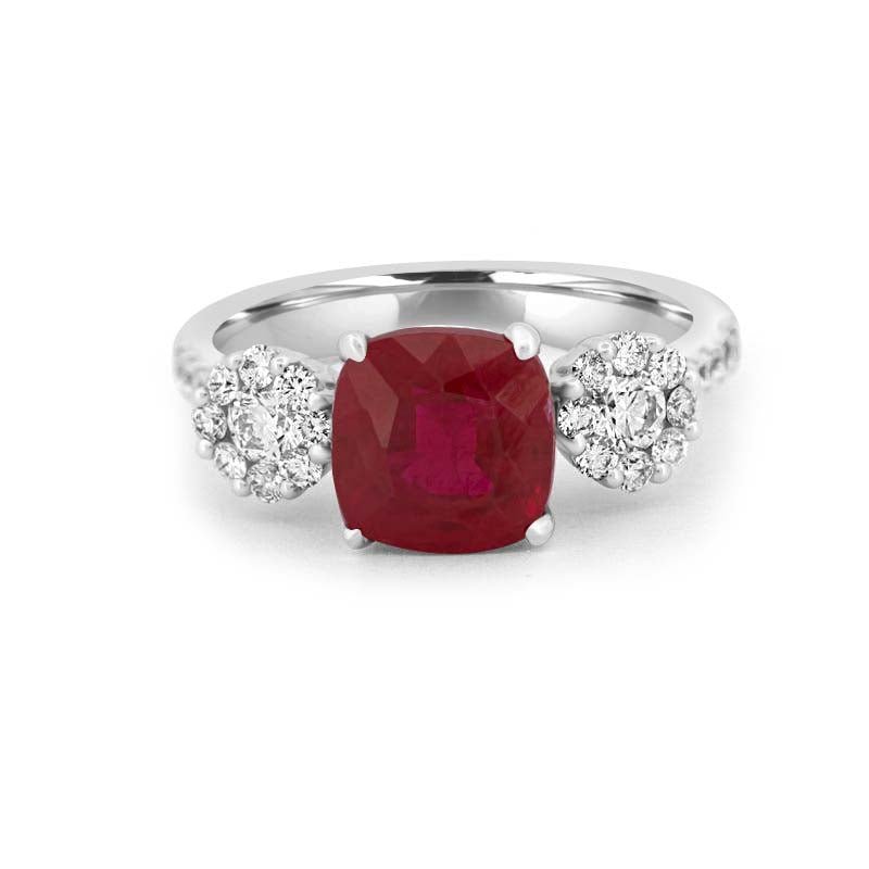 3.50 CT Cushion Cut Red Ruby Trilogy Ring - ZIZOV DIAMONDS