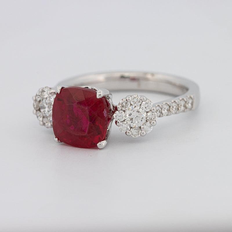 3.50 CT Cushion Cut Red Ruby Trilogy Ring - ZIZOV DIAMONDS