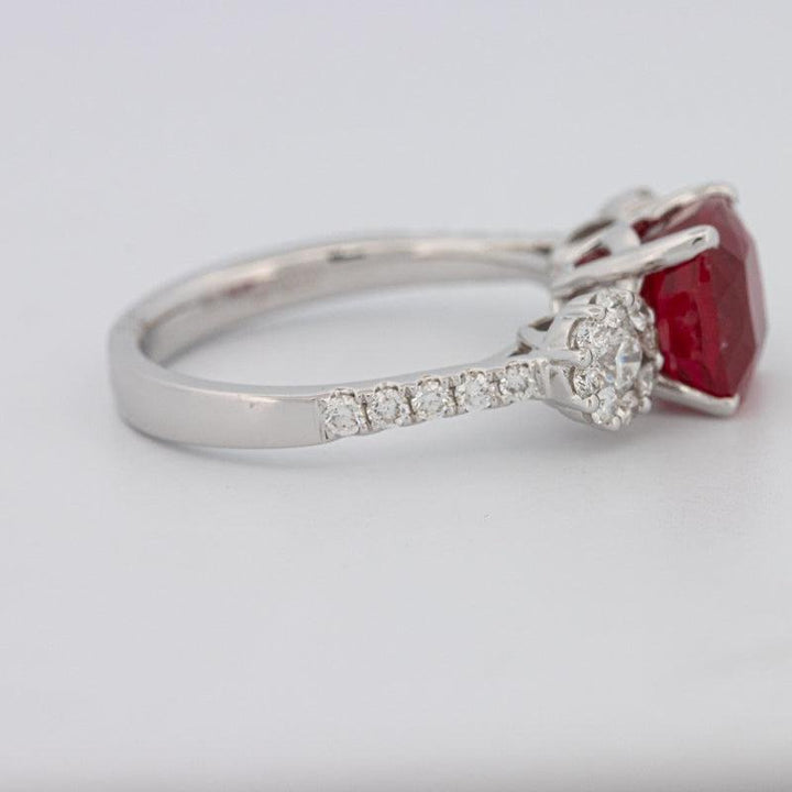 3.50 CT Cushion Cut Red Ruby Trilogy Ring - ZIZOV DIAMONDS