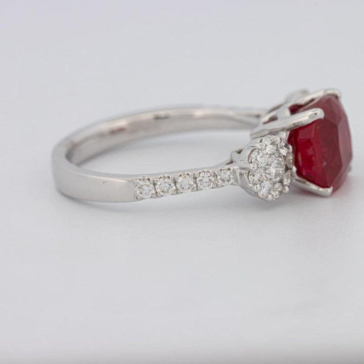 3.50 CT Cushion Cut Red Ruby Trilogy Ring - ZIZOV DIAMONDS