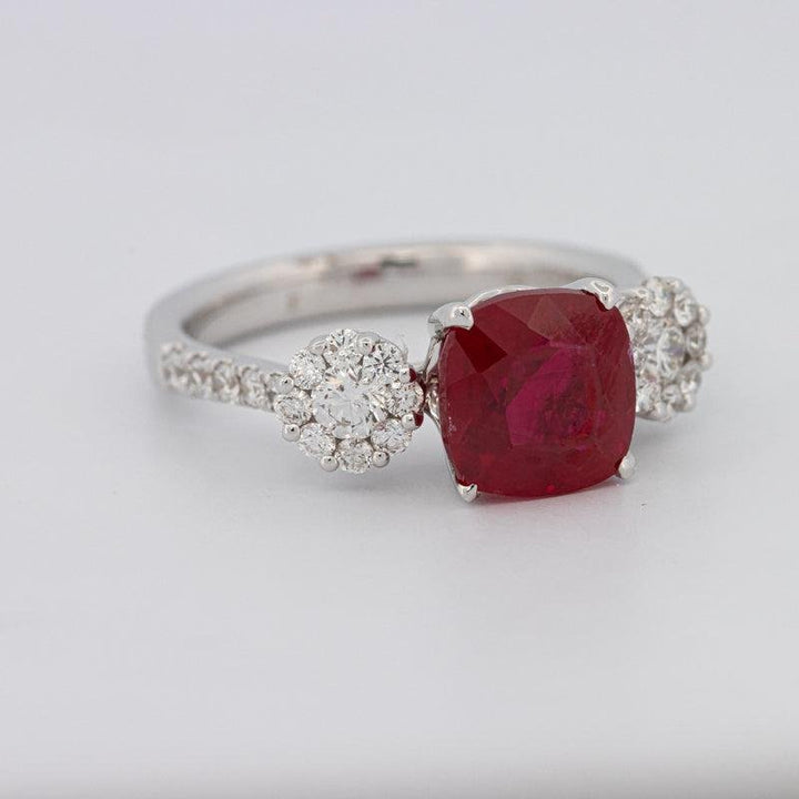 3.50 CT Cushion Cut Red Ruby Trilogy Ring - ZIZOV DIAMONDS