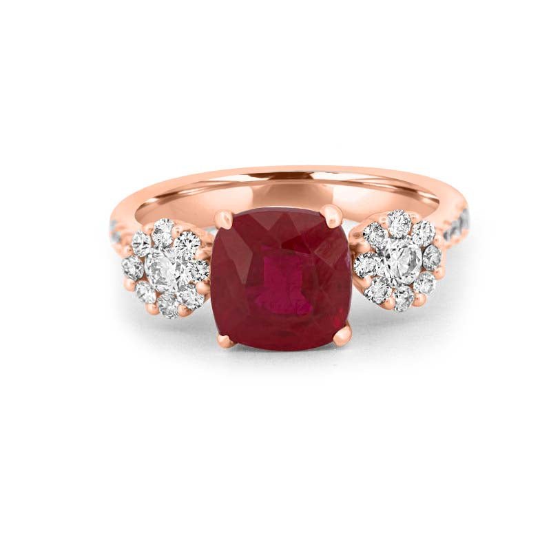 3.50 CT Cushion Cut Red Ruby Trilogy Ring - ZIZOV DIAMONDS