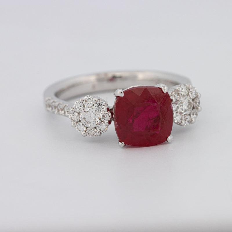 3.50 CT Cushion Cut Red Ruby Trilogy Ring - ZIZOV DIAMONDS