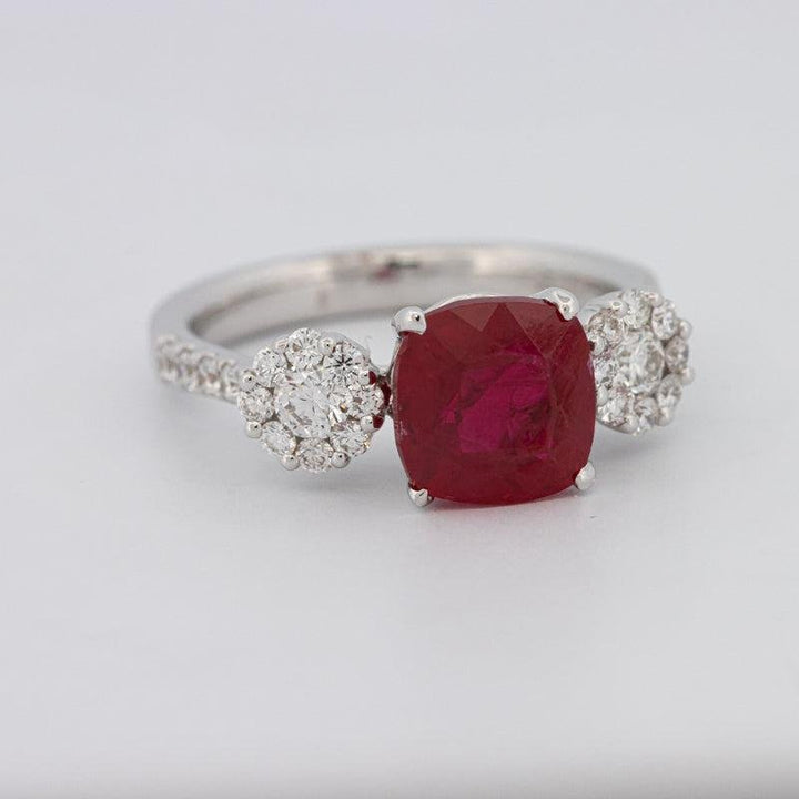 3.50 CT Cushion Cut Red Ruby Trilogy Ring - ZIZOV DIAMONDS