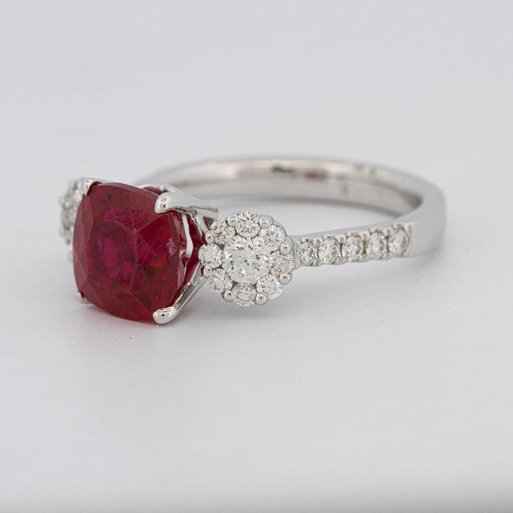 3.50 CT Cushion Cut Red Ruby Trilogy Ring - ZIZOV DIAMONDS