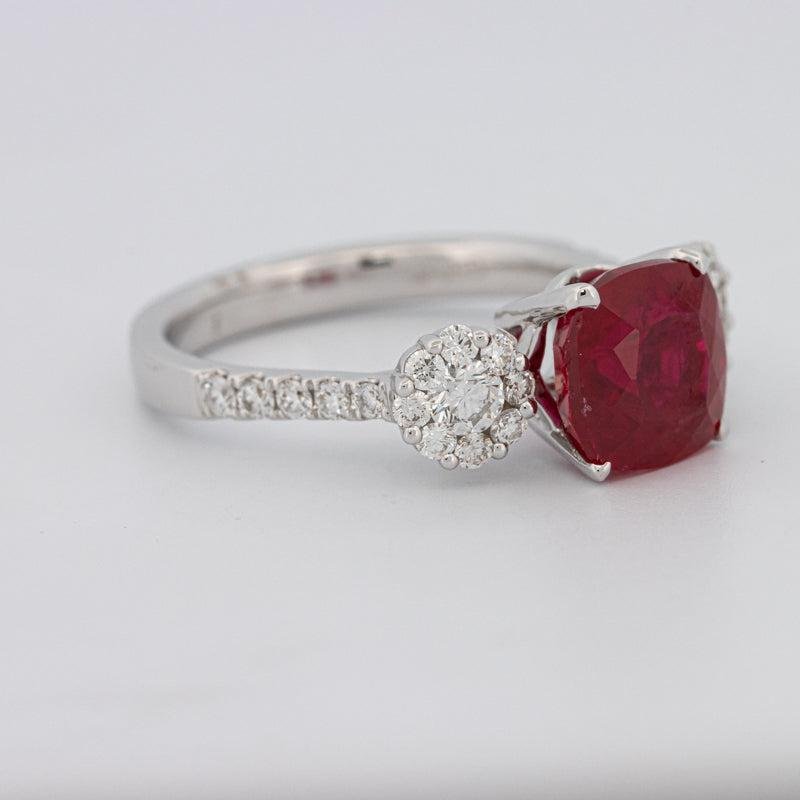 3.50 CT Cushion Cut Red Ruby Trilogy Ring - ZIZOV DIAMONDS