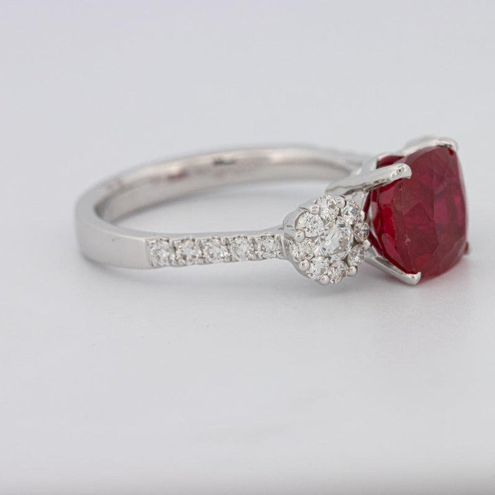 3.50 CT Cushion Cut Red Ruby Trilogy Ring - ZIZOV DIAMONDS