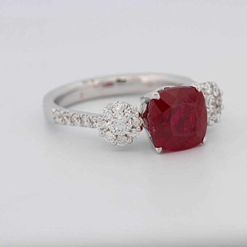 3.50 CT Cushion Cut Red Ruby Trilogy Ring - ZIZOV DIAMONDS