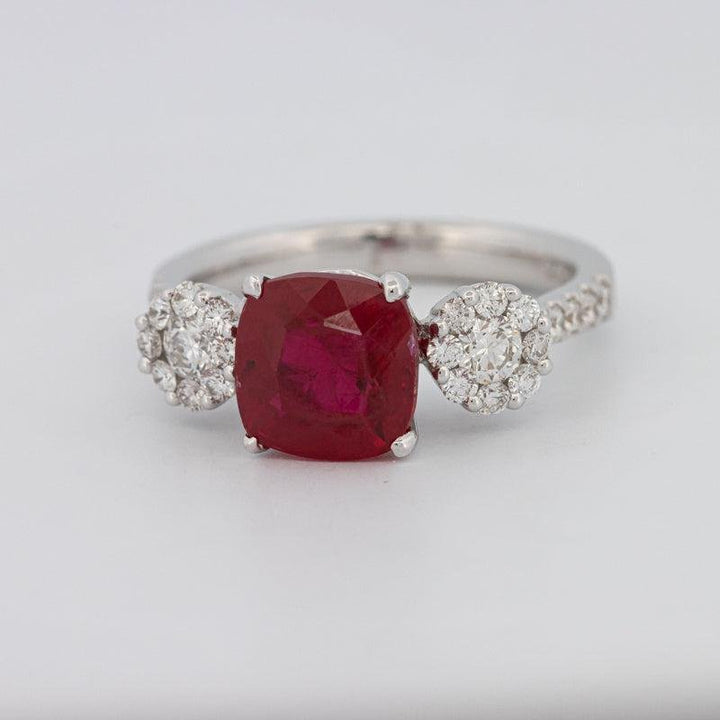 3.50 CT Cushion Cut Red Ruby Trilogy Ring - ZIZOV DIAMONDS