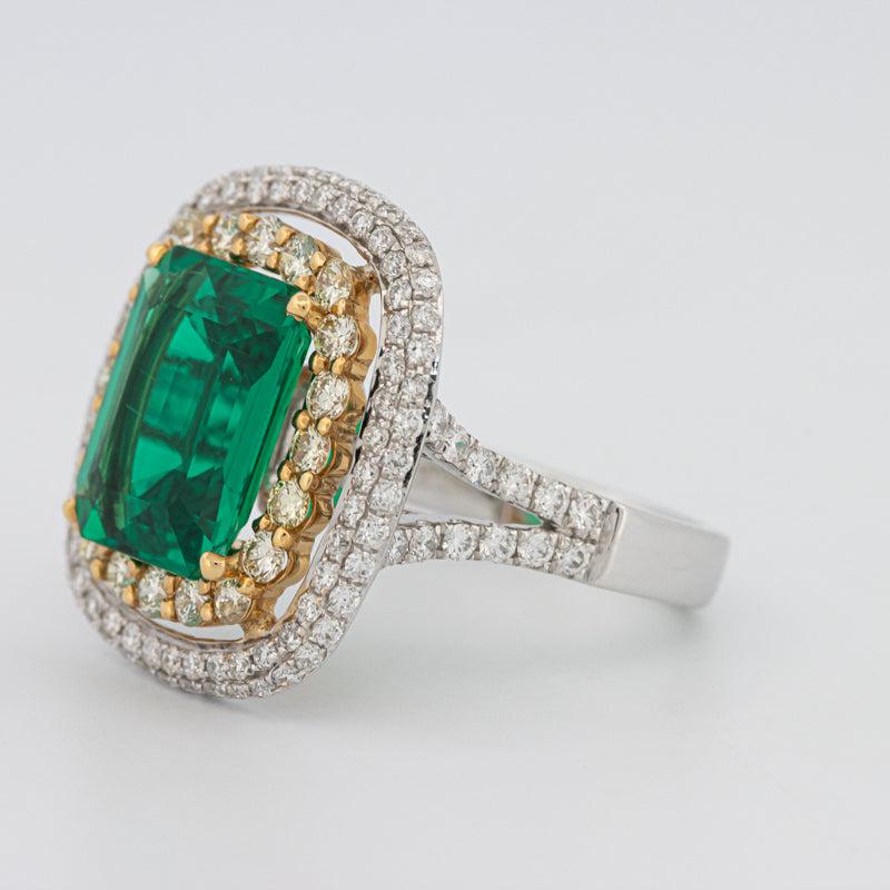 4.50 CT Double Halo Cushion Green Emerald Ring - ZIZOV DIAMONDS