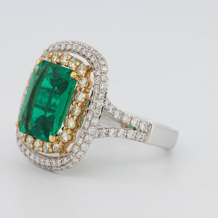 4.50 CT Double Halo Cushion Green Emerald Ring - ZIZOV DIAMONDS