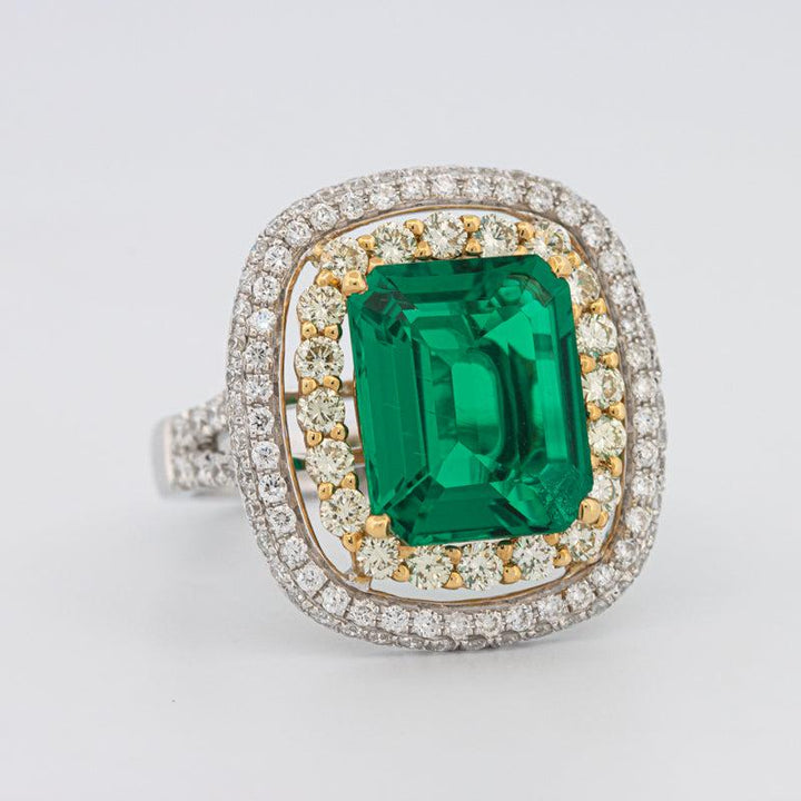 4.50 CT Double Halo Cushion Green Emerald Ring - ZIZOV DIAMONDS