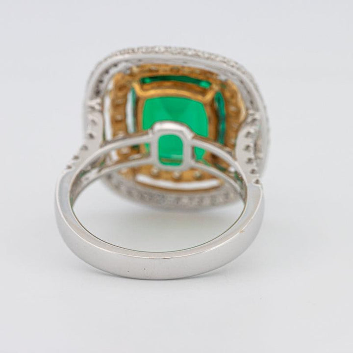 4.50 CT Double Halo Cushion Green Emerald Ring - ZIZOV DIAMONDS