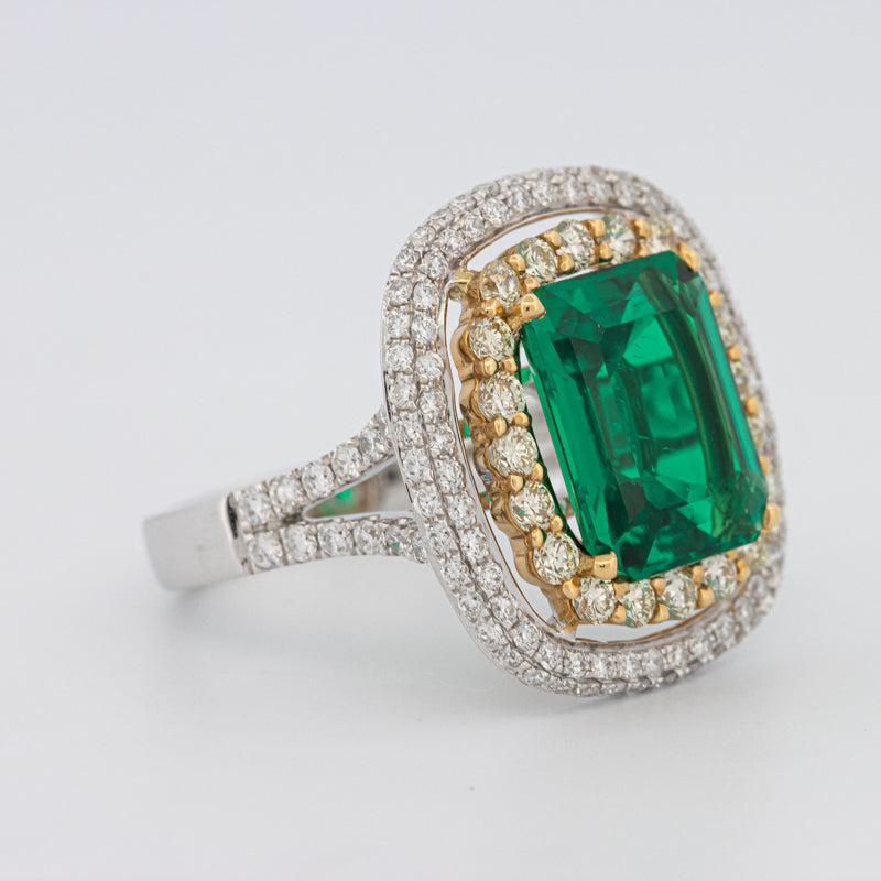 4.50 CT Double Halo Cushion Green Emerald Ring - ZIZOV DIAMONDS