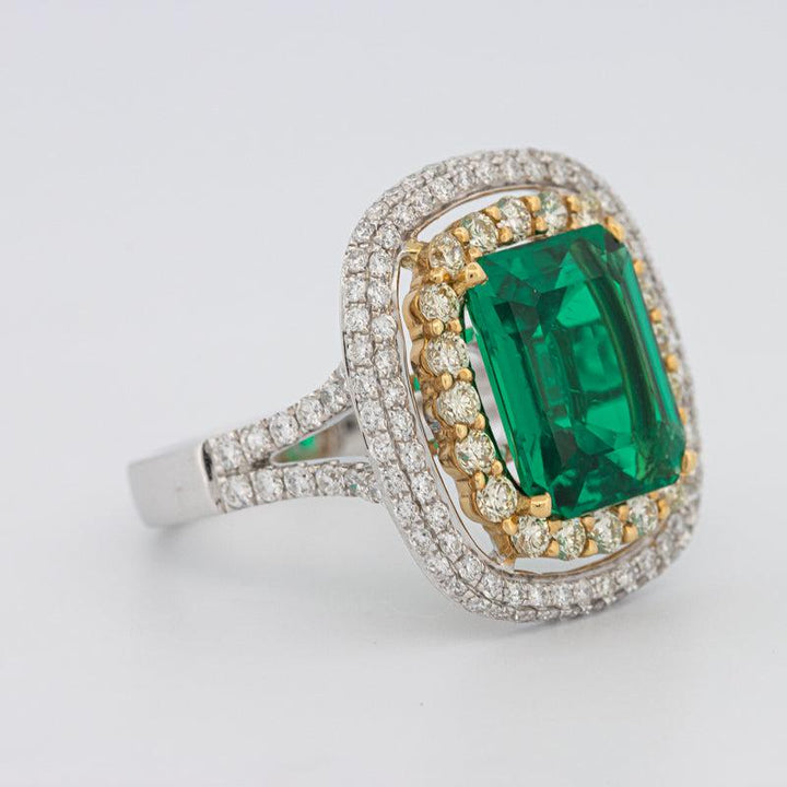 4.50 CT Double Halo Cushion Green Emerald Ring - ZIZOV DIAMONDS