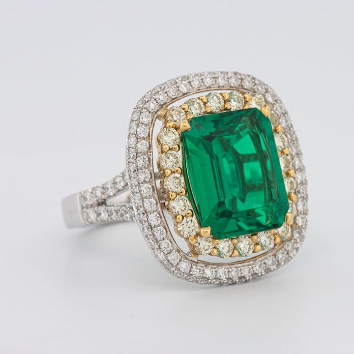 4.50 CT Double Halo Cushion Green Emerald Ring - ZIZOV DIAMONDS