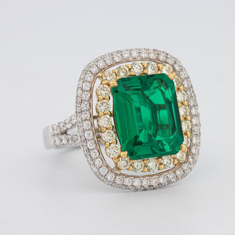 4.50 CT Double Halo Cushion Green Emerald Ring - ZIZOV DIAMONDS
