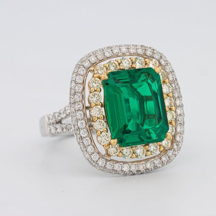 4.50 CT Double Halo Cushion Green Emerald Ring - ZIZOV DIAMONDS
