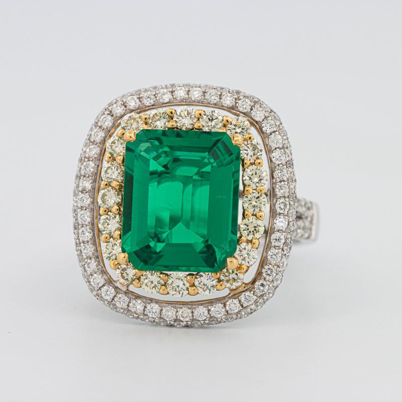4.50 CT Double Halo Cushion Green Emerald Ring - ZIZOV DIAMONDS