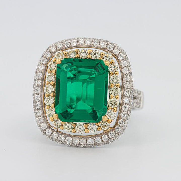 4.50 CT Double Halo Cushion Green Emerald Ring - ZIZOV DIAMONDS