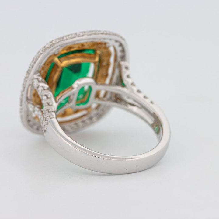 4.50 CT Double Halo Cushion Green Emerald Ring - ZIZOV DIAMONDS