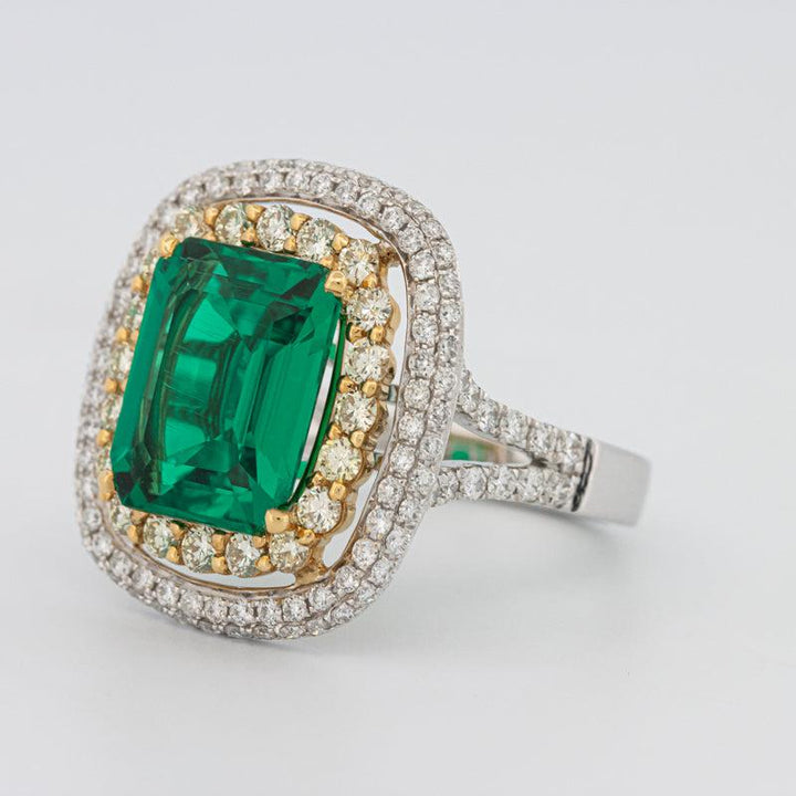4.50 CT Double Halo Cushion Green Emerald Ring - ZIZOV DIAMONDS