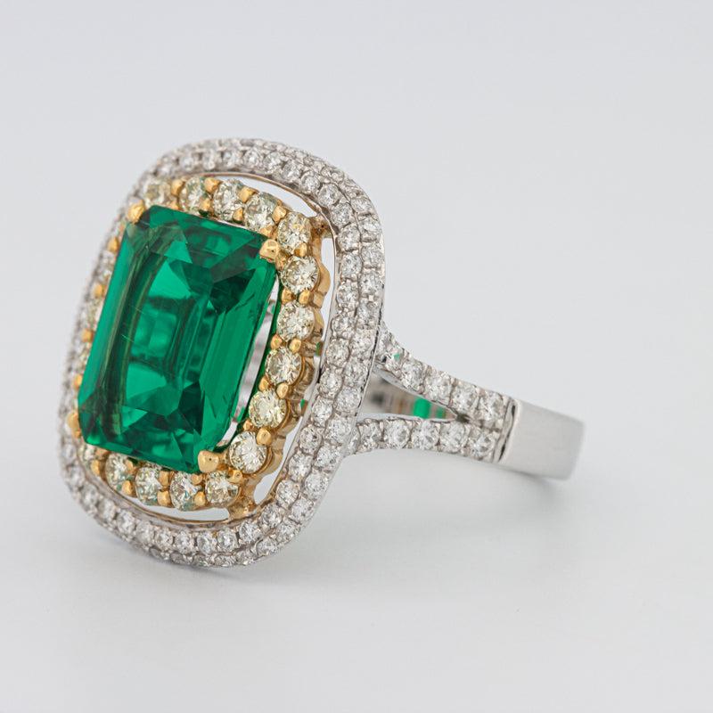 4.50 CT Double Halo Cushion Green Emerald Ring - ZIZOV DIAMONDS