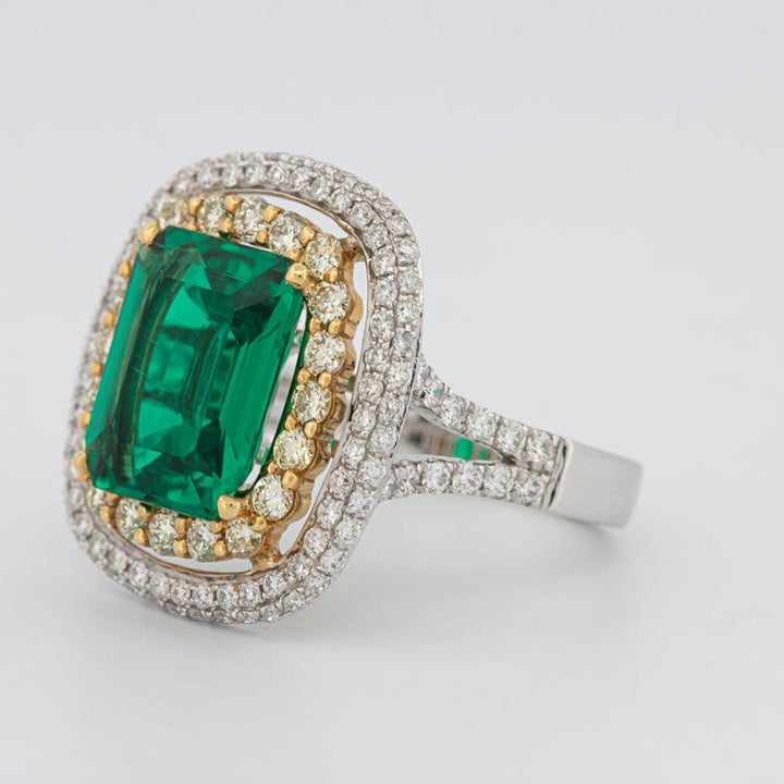 4.50 CT Double Halo Cushion Green Emerald Ring - ZIZOV DIAMONDS