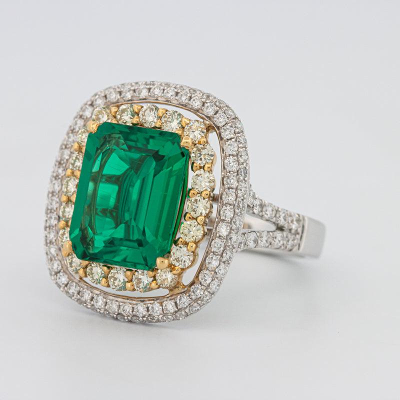 4.50 CT Double Halo Cushion Green Emerald Ring - ZIZOV DIAMONDS