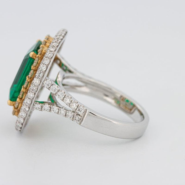 4.50 CT Double Halo Cushion Green Emerald Ring - ZIZOV DIAMONDS