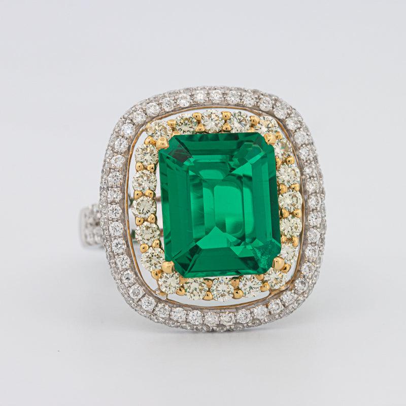 4.50 CT Double Halo Cushion Green Emerald Ring - ZIZOV DIAMONDS