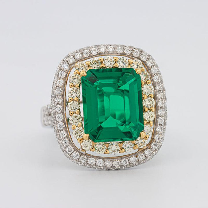 4.50 CT Double Halo Cushion Green Emerald Ring - ZIZOV DIAMONDS