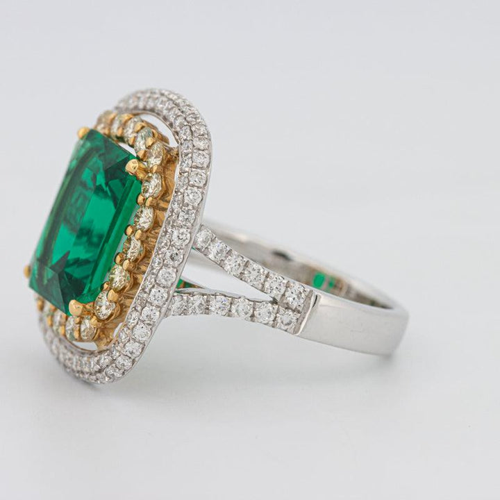 4.50 CT Double Halo Cushion Green Emerald Ring - ZIZOV DIAMONDS