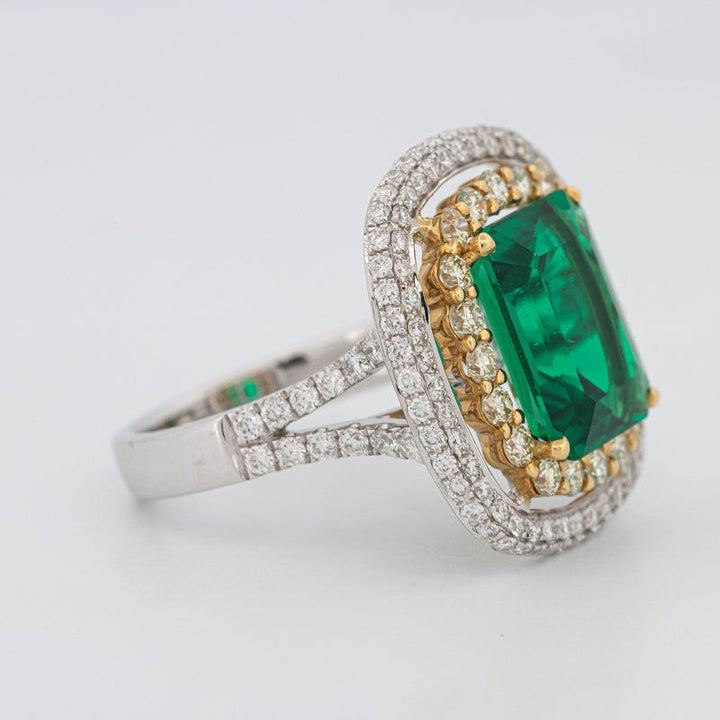 4.50 CT Double Halo Cushion Green Emerald Ring - ZIZOV DIAMONDS