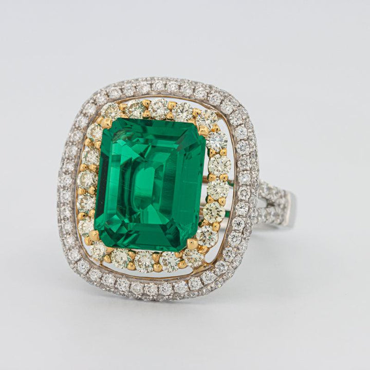 4.50 CT Double Halo Cushion Green Emerald Ring - ZIZOV DIAMONDS