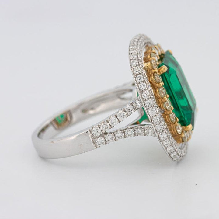 4.50 CT Double Halo Cushion Green Emerald Ring - ZIZOV DIAMONDS